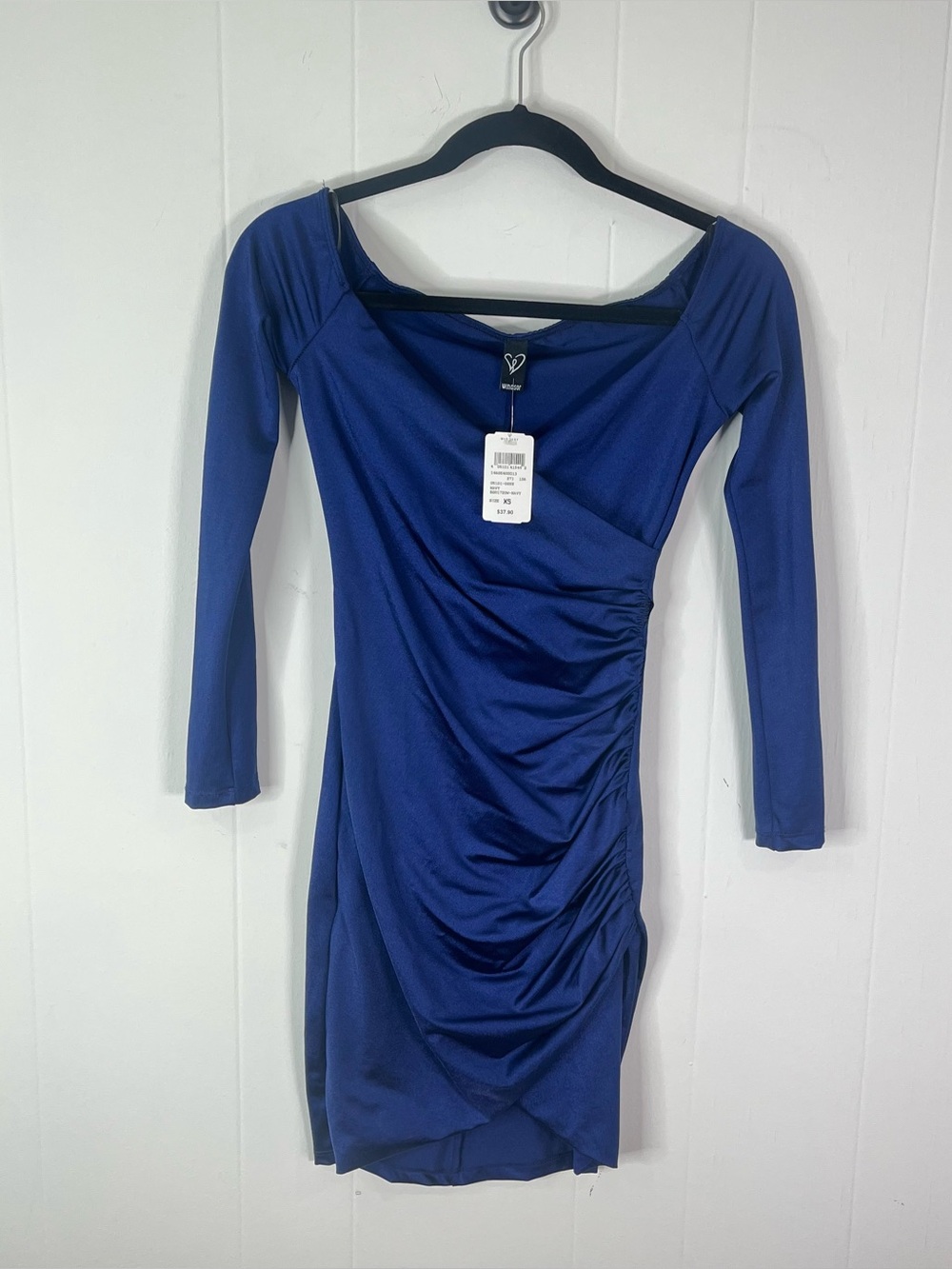 Windsor Women’s XS Navy Blue Ruched Wrap Bodycon Mini Dress Long Sleeve NWT